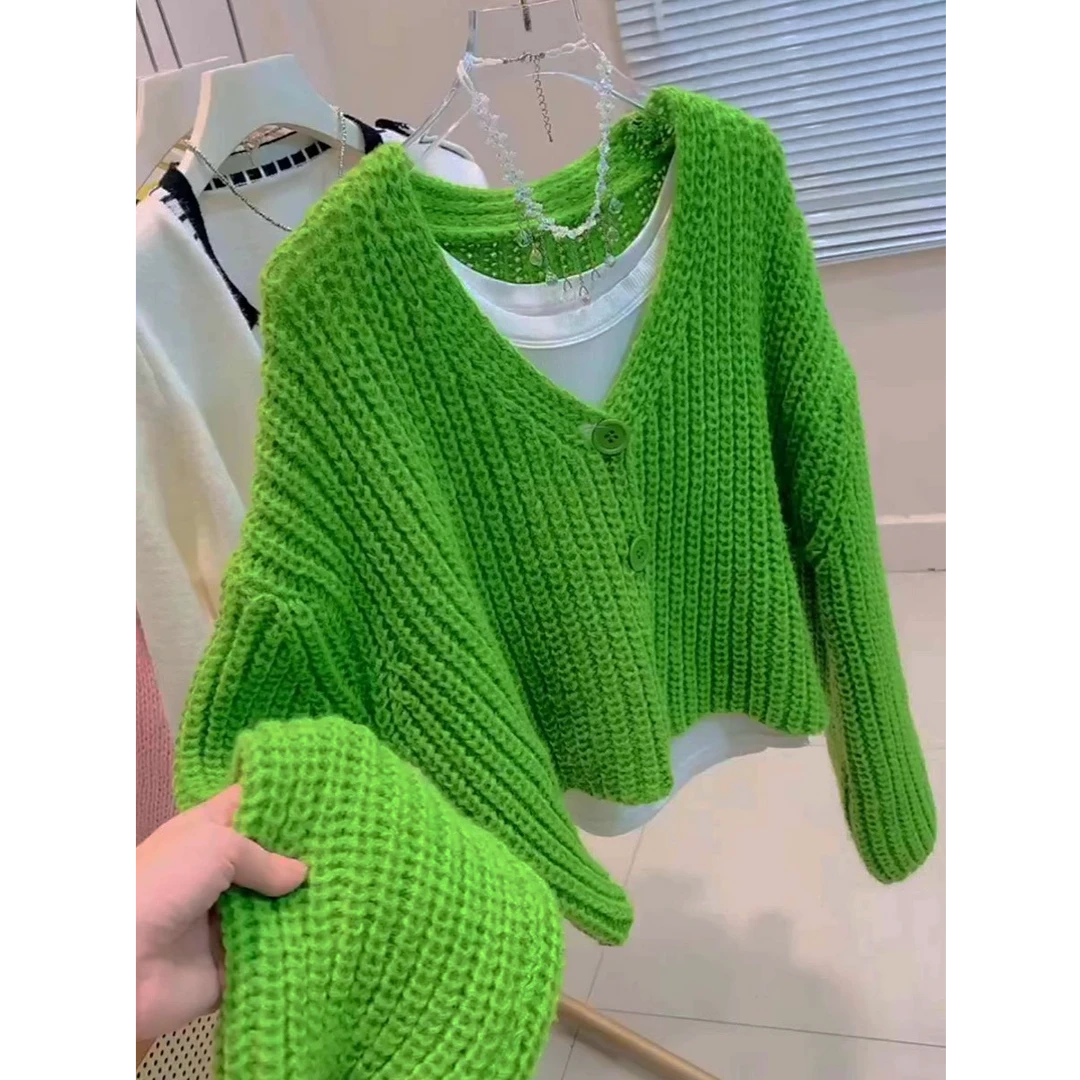 春秋绿色领韩系慵懒风短款针织开衫外套韩系绿色针织开衫外套