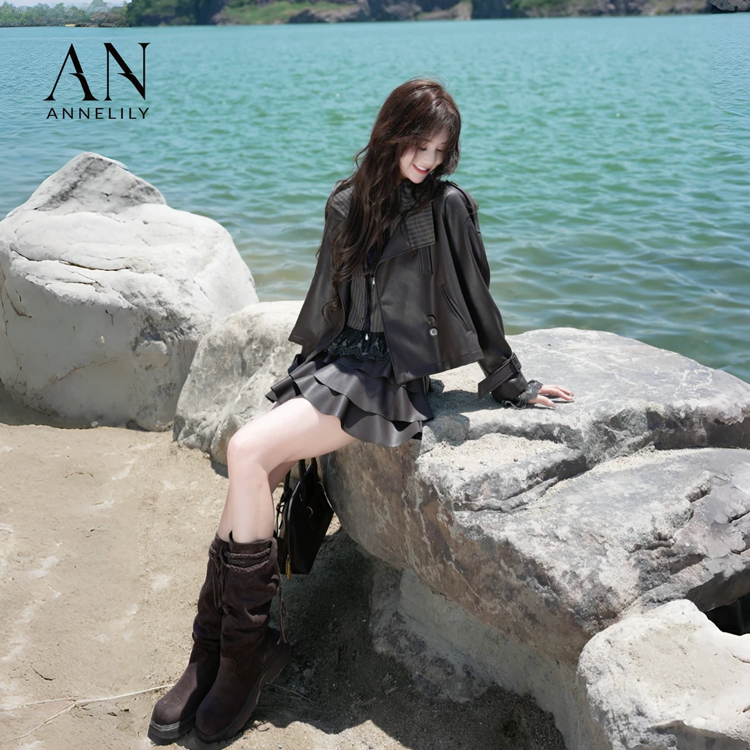 ANNELILY安琪琪【小洛】秋季新款气质百搭轻奢皮短裙AQ2508097