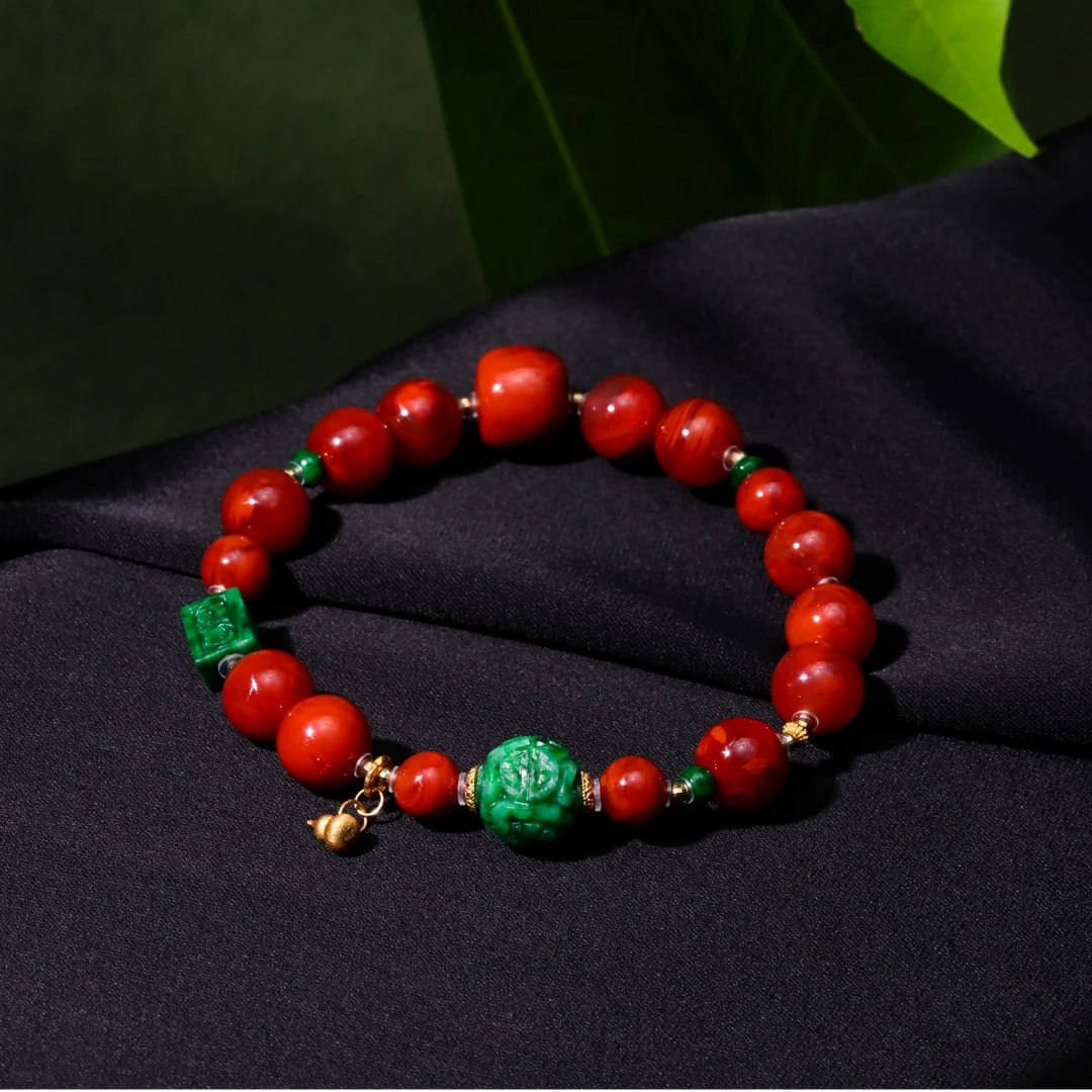 【意婵】《醉时颜》“大超值”8mm原矿18K金牛血红南红单圈翡翠-915863