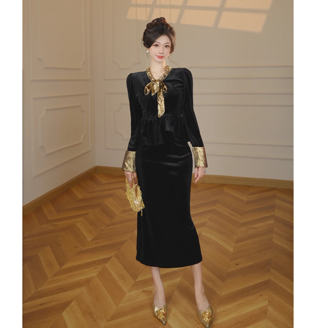 【张小小】简约连衣裙修身显瘦金色蝴蝶结装饰礼服女装长袖长裙2319