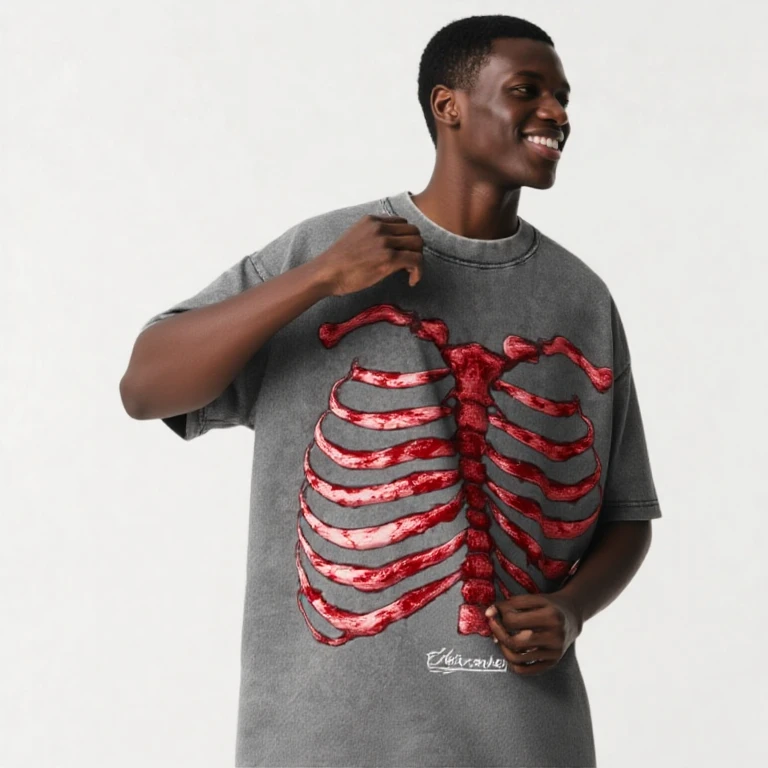 煽潮SWAYCHAOS 外显肋骨骨感印花 洗旧短袖夏季男女同款 美式暗黑