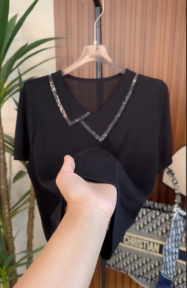 【大悦家】高品质莱赛尔天丝翻领烫钻针织上衣针织衫