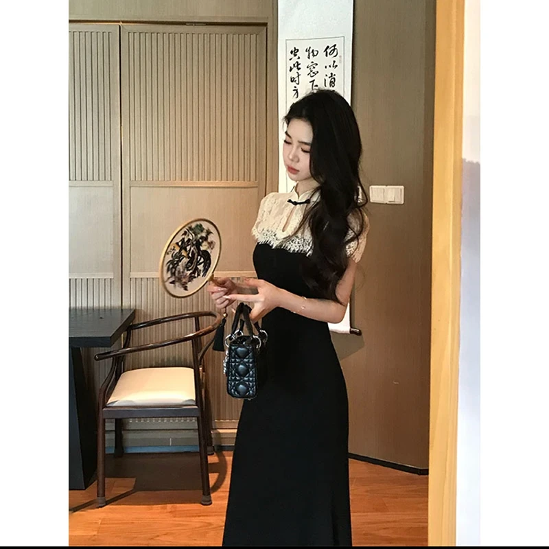 高级感蕾丝拼接连衣裙女夏季新款新中式气质名媛仙女长裙