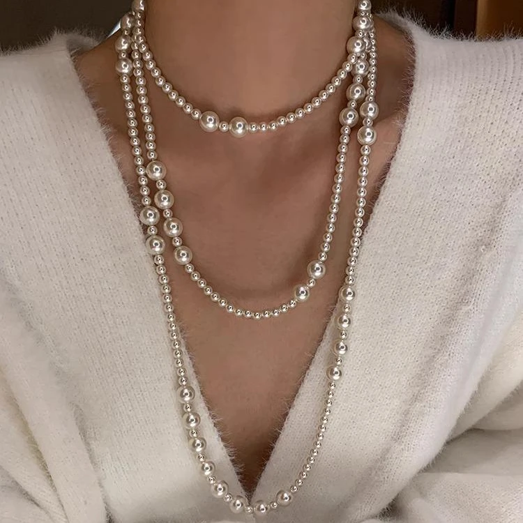 合金项链 施家仿珍珠串珠叠戴项链女新款多层复古气质高级毛衣链