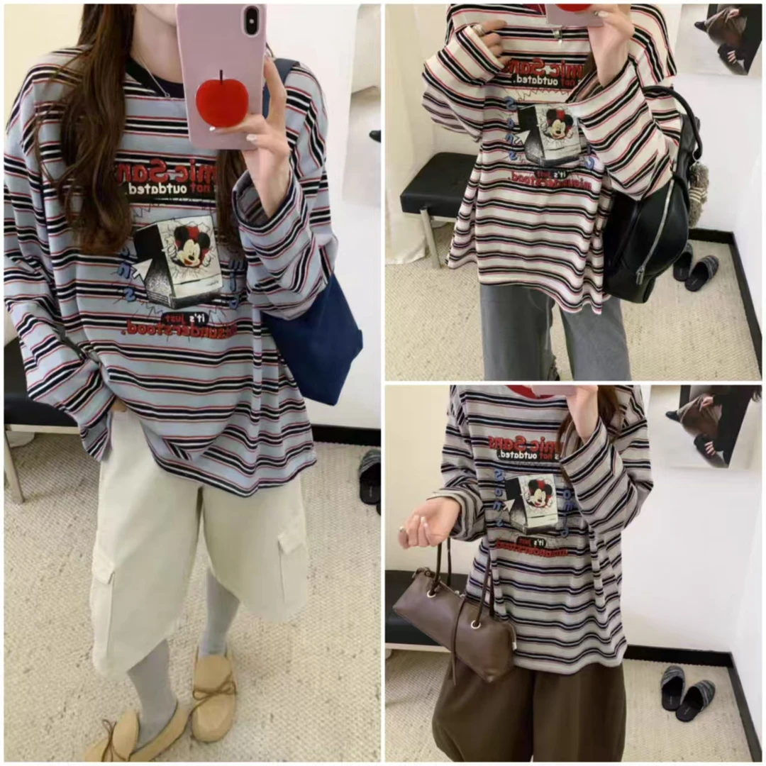 2025早秋新款韩系休闲时尚卡通图案条纹宽松休闲日常百搭打底6127