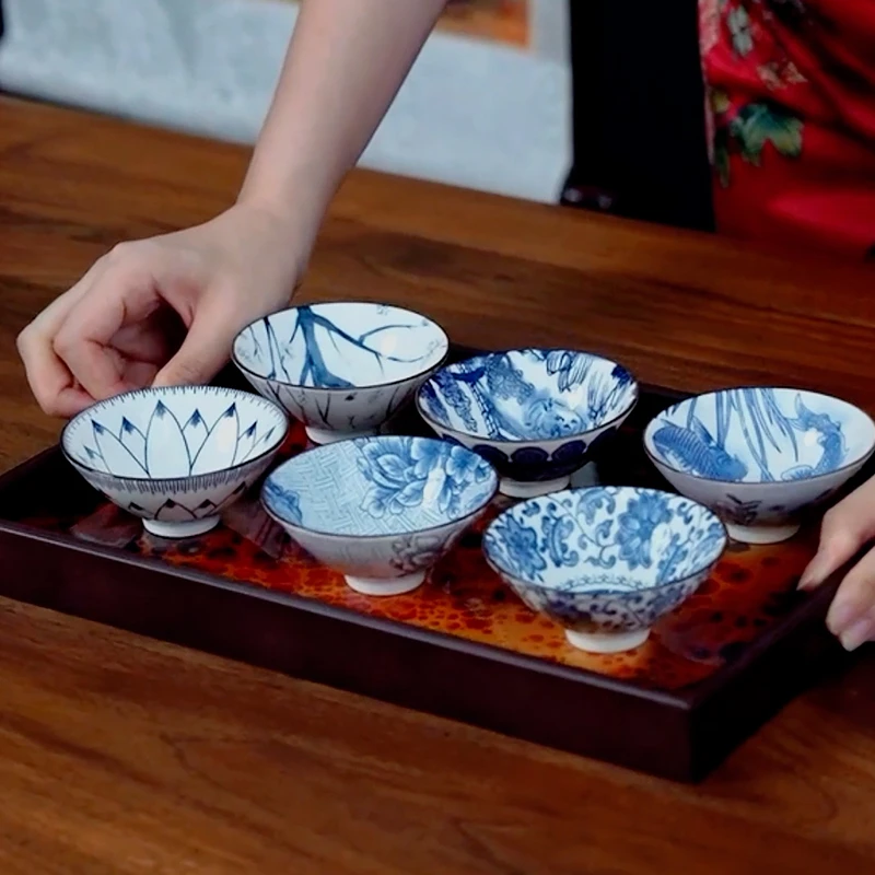 青花满绘品茗主人杯六只装陶瓷复古斗笠杯功夫家用酒杯茶碗茶盏0