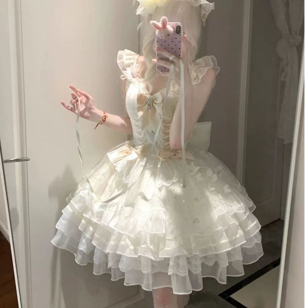 【晶滢家】甜美法式吊带裙公主蓬蓬裙和风长袖印花套装可爱背带裙