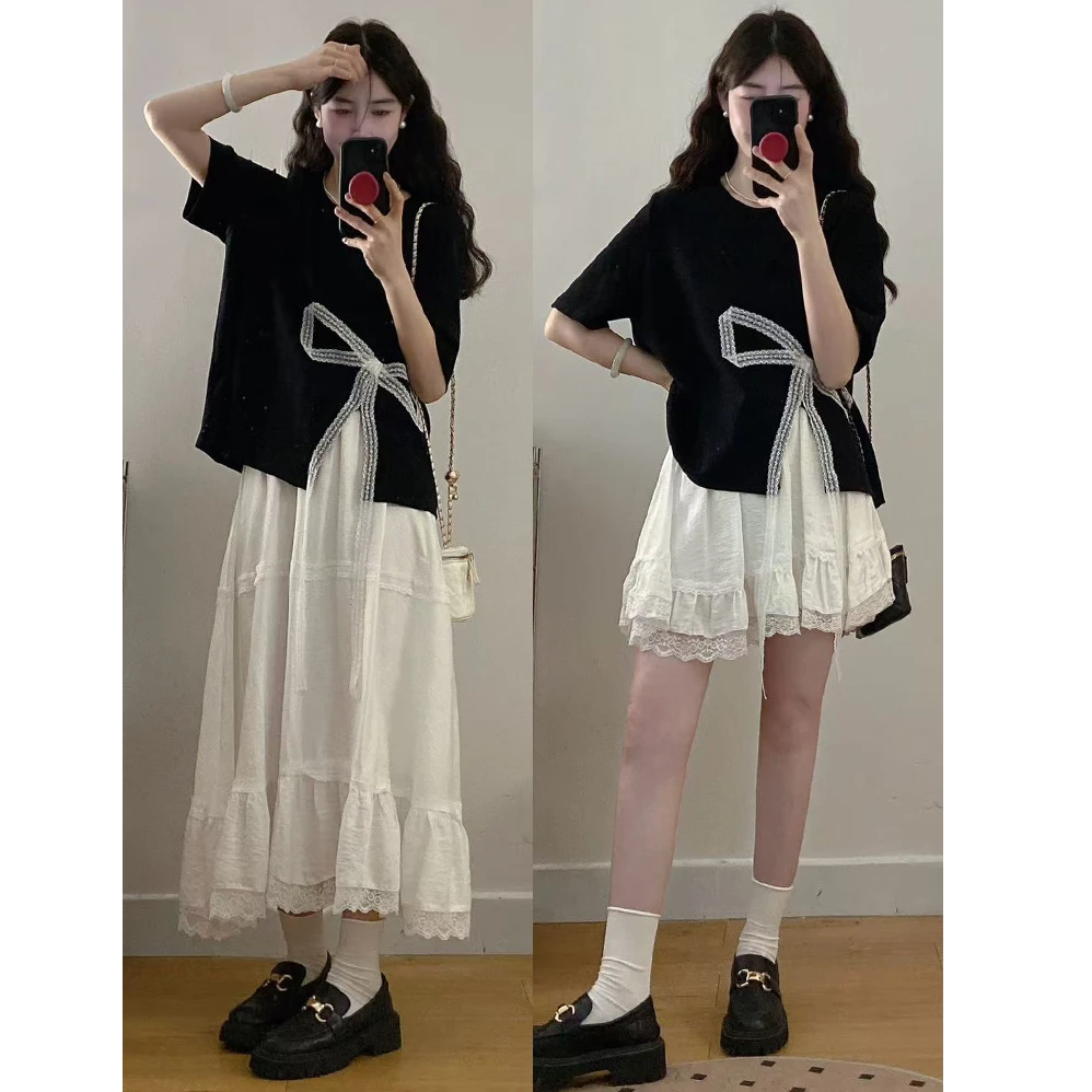 大码女装胖mm新款设计感蝴蝶结开叉T恤+花边蛋糕裙