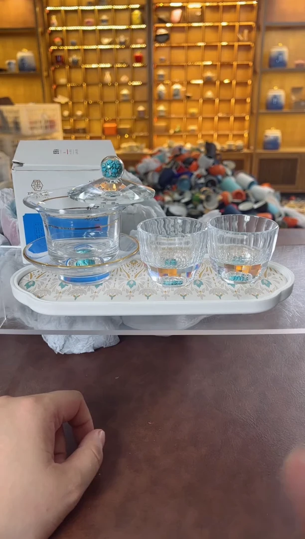 瓷片鸣盏居11111水晶盖碗+2杯+茶盘