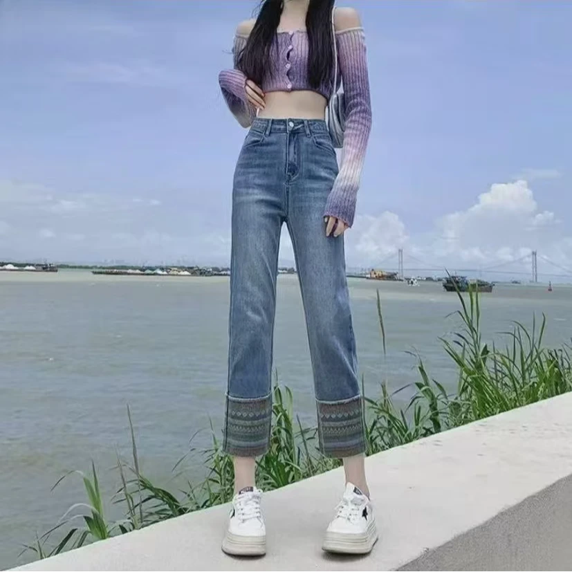 3719【裤长88】2025春夏新中式蓝色牛仔九分裤高腰显瘦刺绣烟管直筒