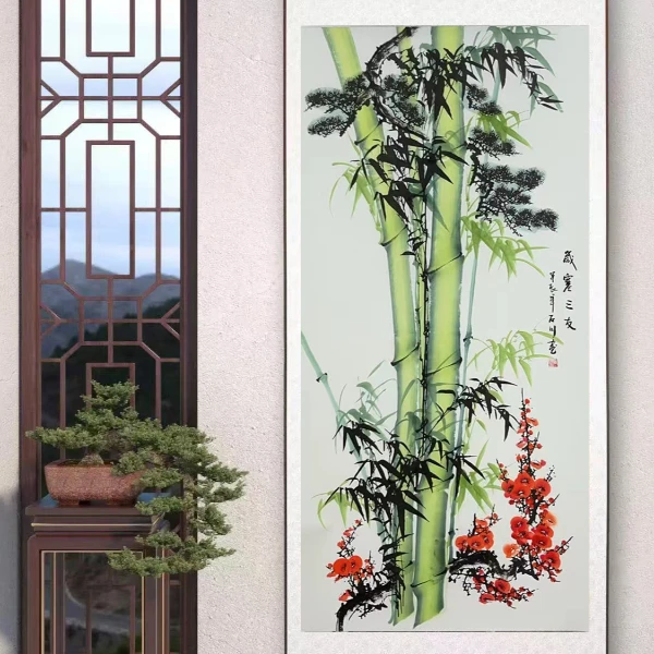 竖幅三尺《岁寒三友》软装裱成品