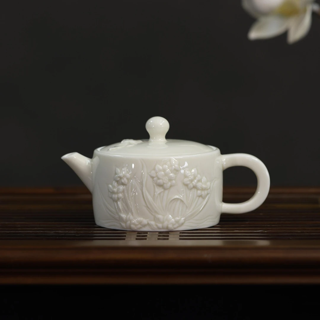 高大师大宋定窑——《凌波仙子》茶壶水仙花纹饰家用茶壶高温白瓷茶具