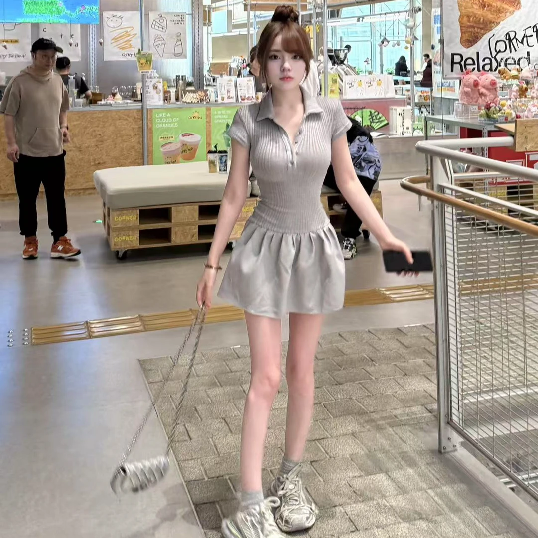 思思家【miu系小灰裙】夏季显瘦新款张元英风短款miu系掐腰小灰裙