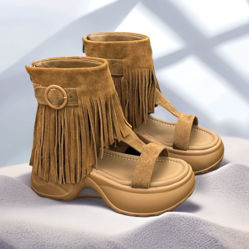 唐乐乐｜25new夏秋新款小众中帮露趾夹脚厚底罗马流苏凉靴 6110