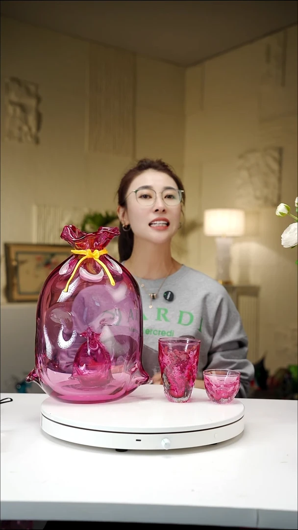 手工艺品琉璃厚金红色钱袋子大号+金红水杯+金红茶杯