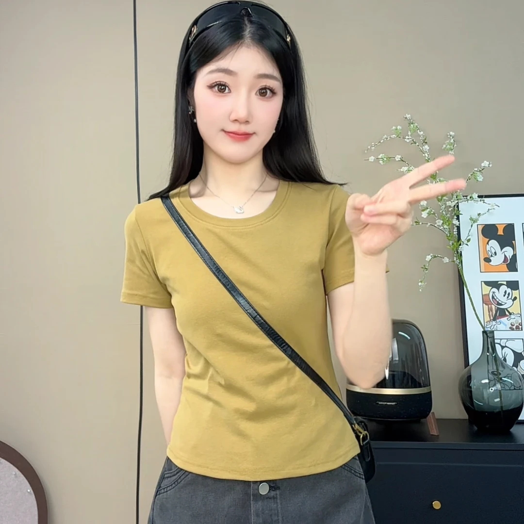 百搭正肩显瘦纯色短袖T恤女夏季新款修身收腰气质打底内搭上衣服