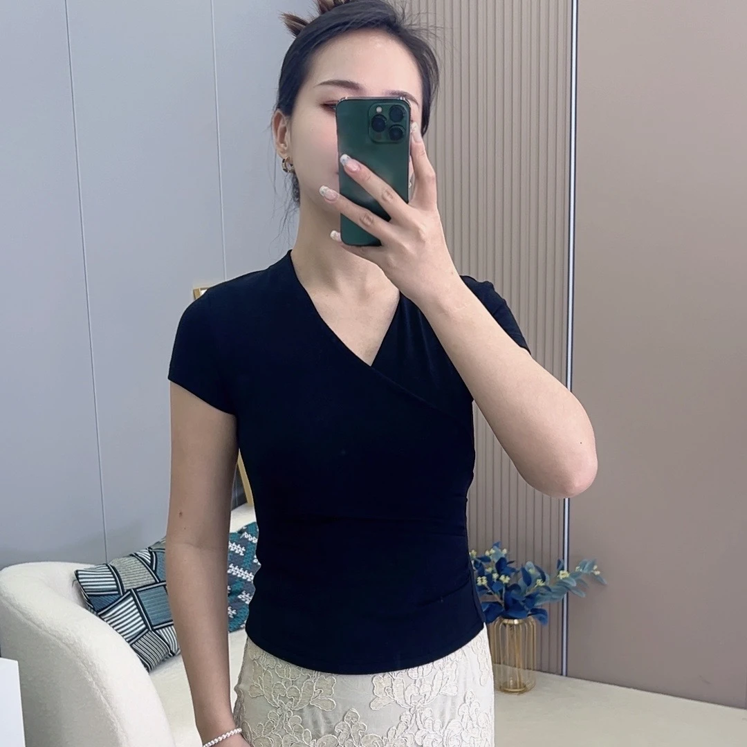 短袖法式短款T恤黑色v领短袖t恤针织性感交叉紧身黑色纯色