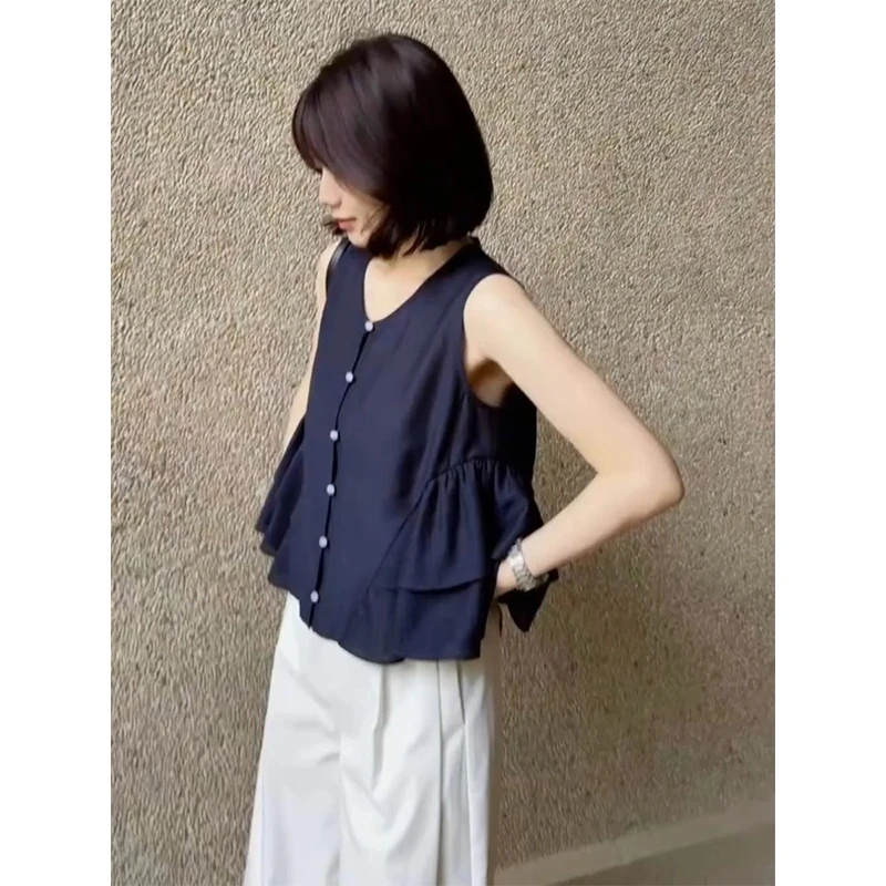 衬衫2025年夏季新款爆款藏蓝色上衣减龄俏皮可爱气质大方得体女装