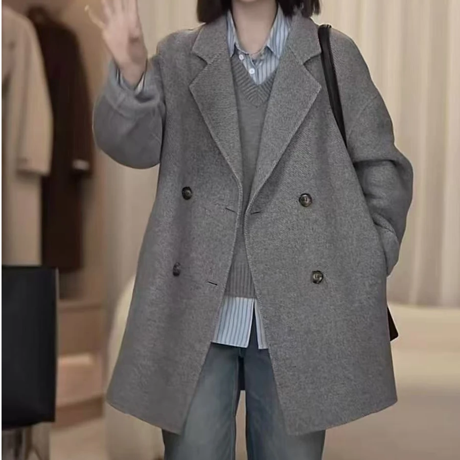 七言家  格雷灰简约版绵羊毛手工大衣
