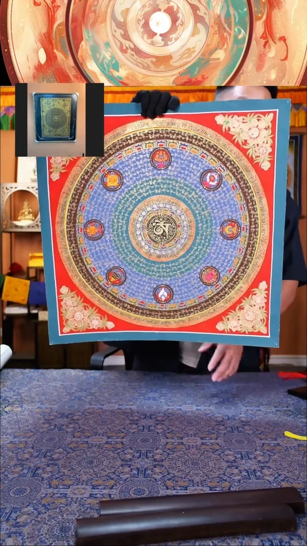 卷轴画纯手绘唐卡红色八宝六字真言50*50画芯