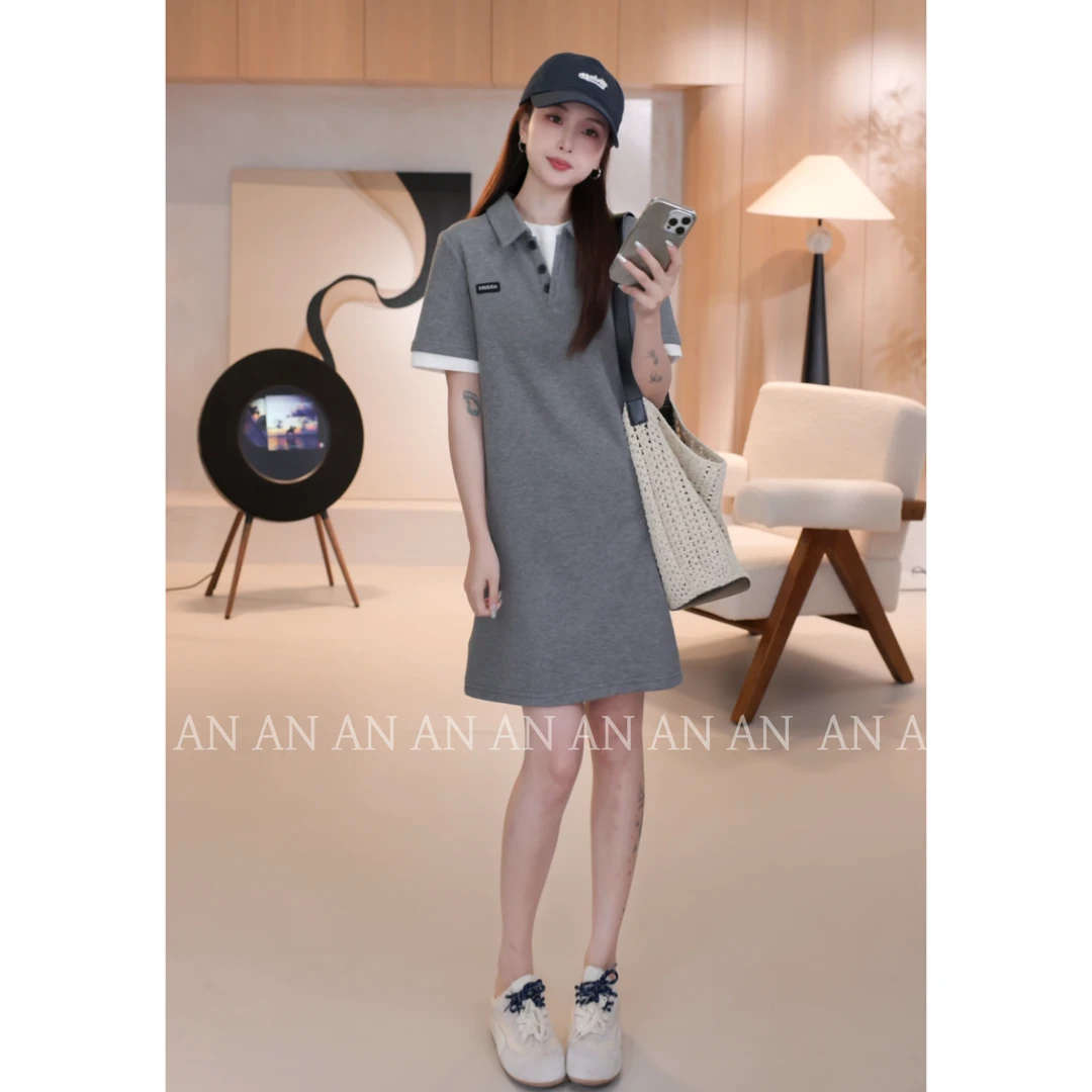 C03194夏季新款减龄三粒扣POLO领文艺字母小标T恤裙连衣裙