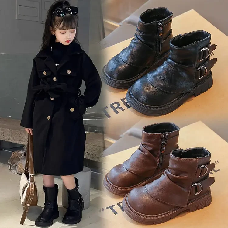 ABC Qtloss2025秋冬新款儿童靴子女童时尚短靴中大童鞋真软皮单靴
