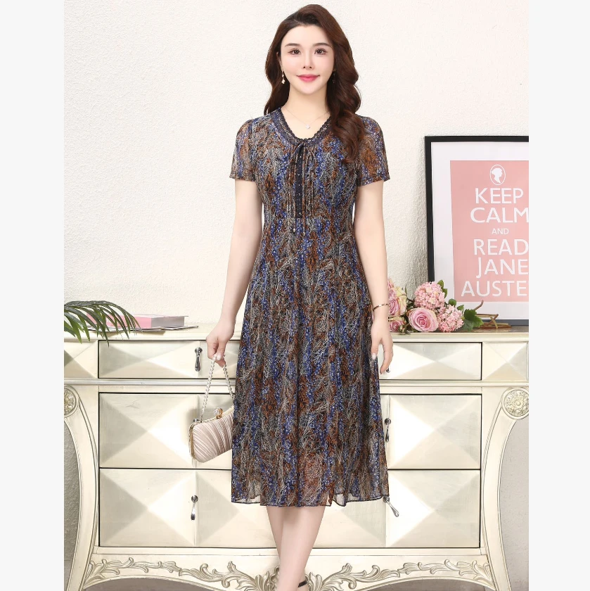 2025夏季中年妈妈装收腰中长款短袖台湾纱女装连衣裙5617-66