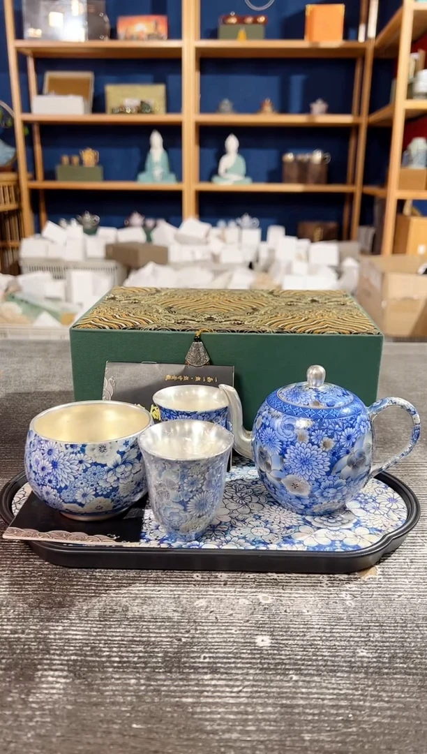 【闪购商品】其他周鸿杰青花万花鎏银龙蛋壶+2杯+万花+盘