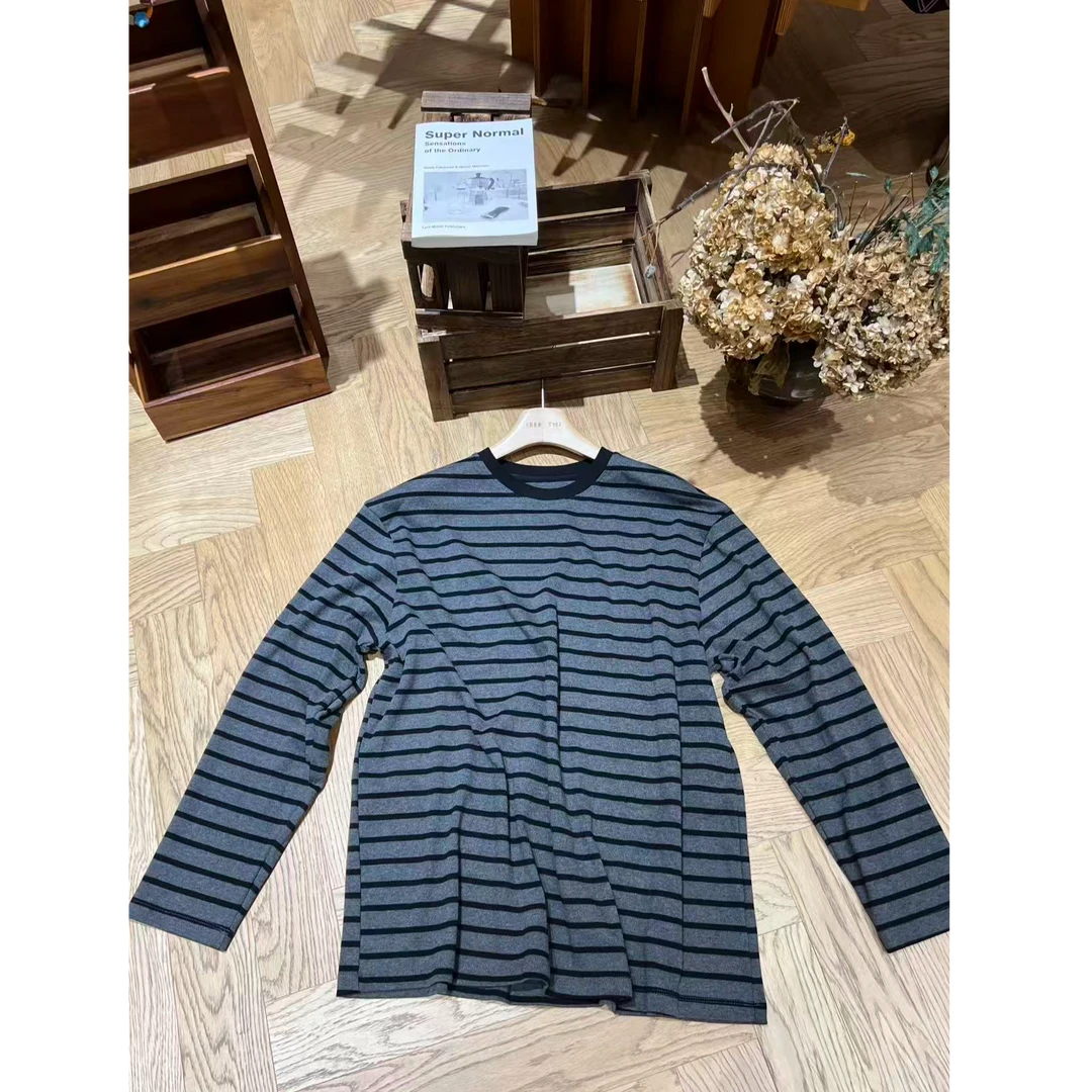 【YIBUDAOWEI】韩系条纹撞色圆领宽松百搭长袖T恤 6202