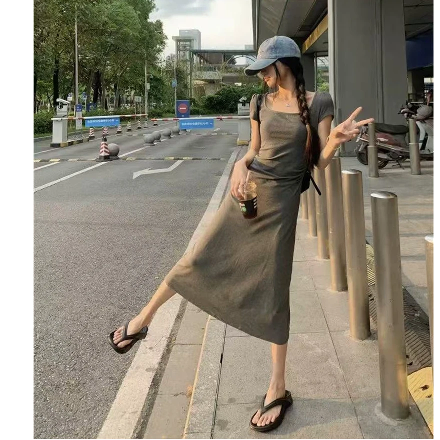 082-方领短袖连衣裙女夏季小个子法式收腰a字裙休闲显瘦T恤长裙