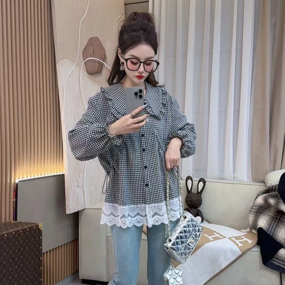 法式蕾丝拼接娃娃领长袖宽松衬衫女春季2025休闲百搭时尚上衣潮