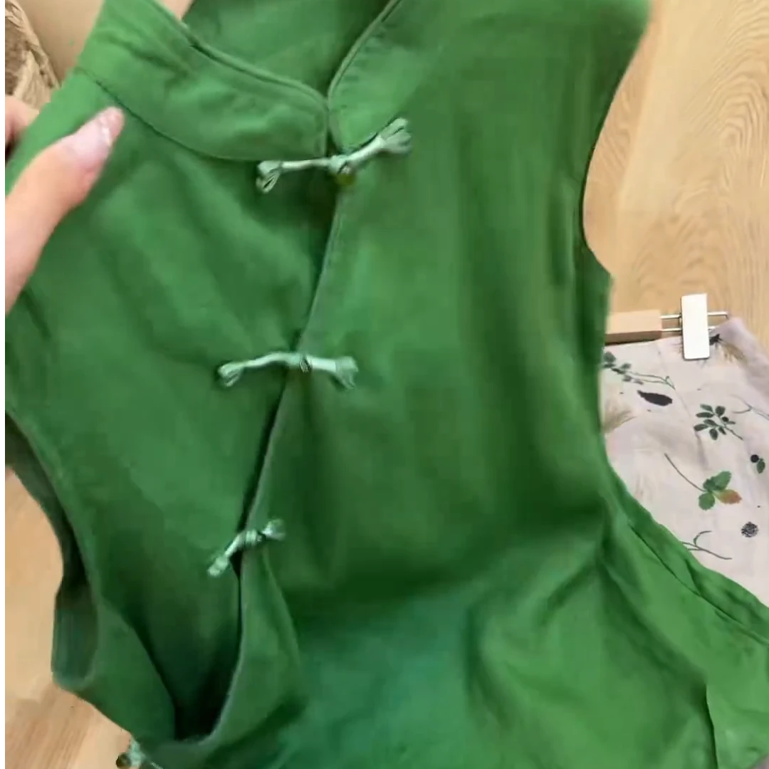 夏季简约斜襟纯色绿色网红衬衫清冷感系带文艺复古上衣女