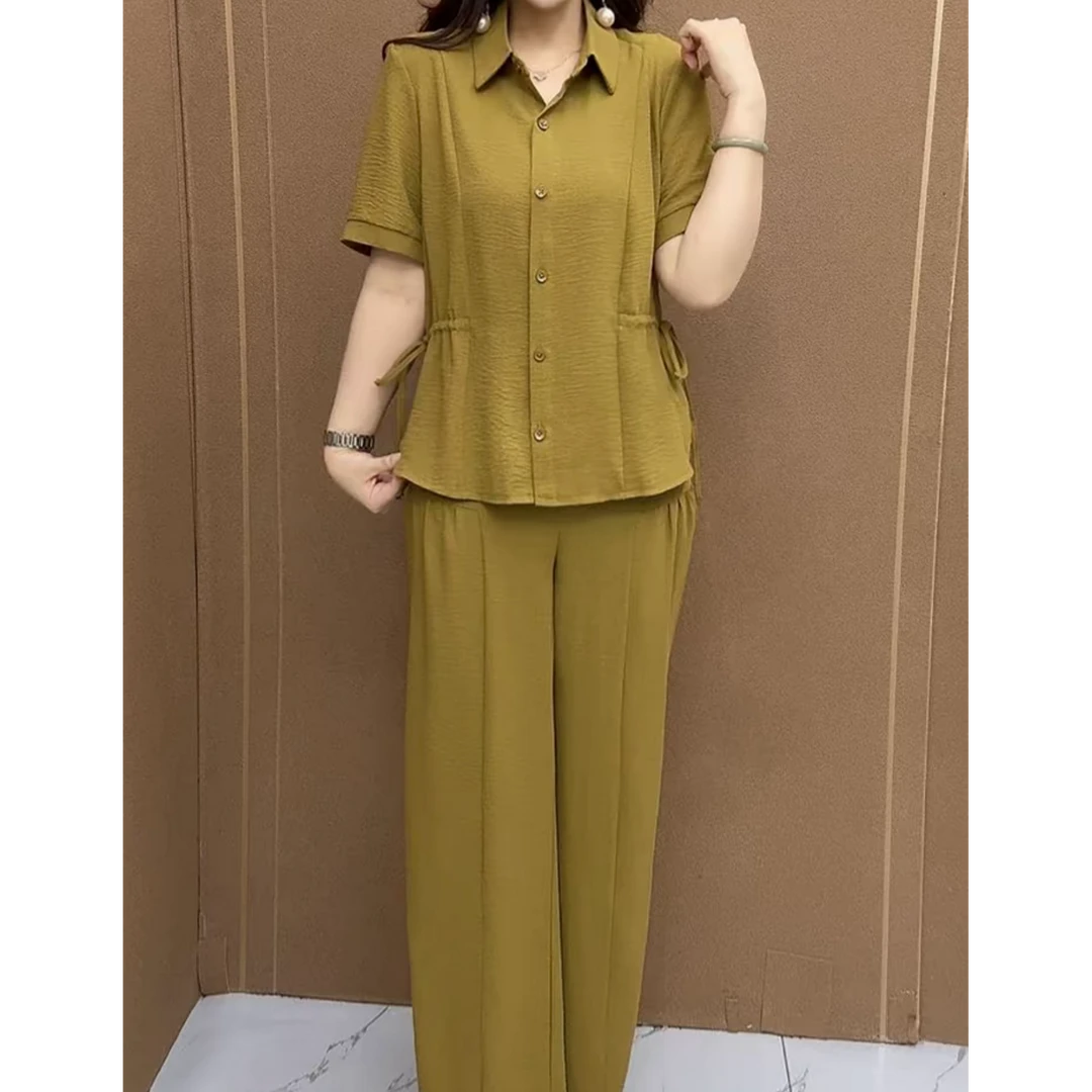 高档时尚洋气抽绳两件套女2025夏季新款简约气质宽松显瘦妈妈套装