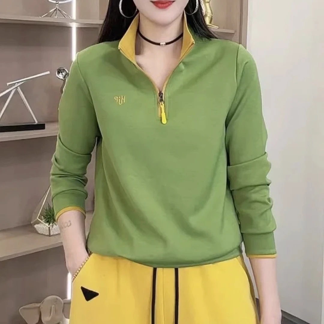 2025春秋新款立领上衣女时尚休闲打底拉链撞色洋气质百搭翻领卫衣