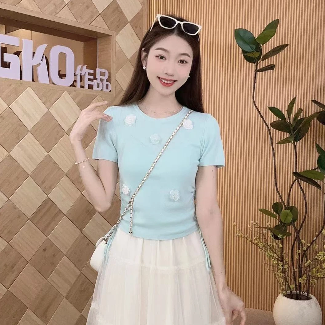 碧高小个子女装 2025新款夏季温柔清新花朵双侧收褶冰丝针织上衣