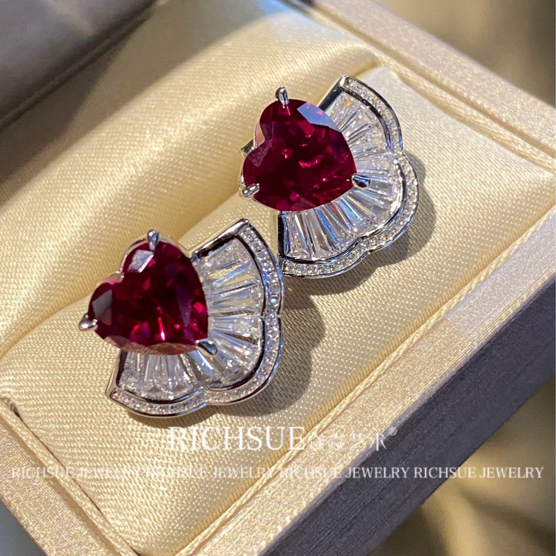 非金属合成锆石耳饰 【RlCHSUE】明星同款裙摆爱心耳钉 甜美 s925银