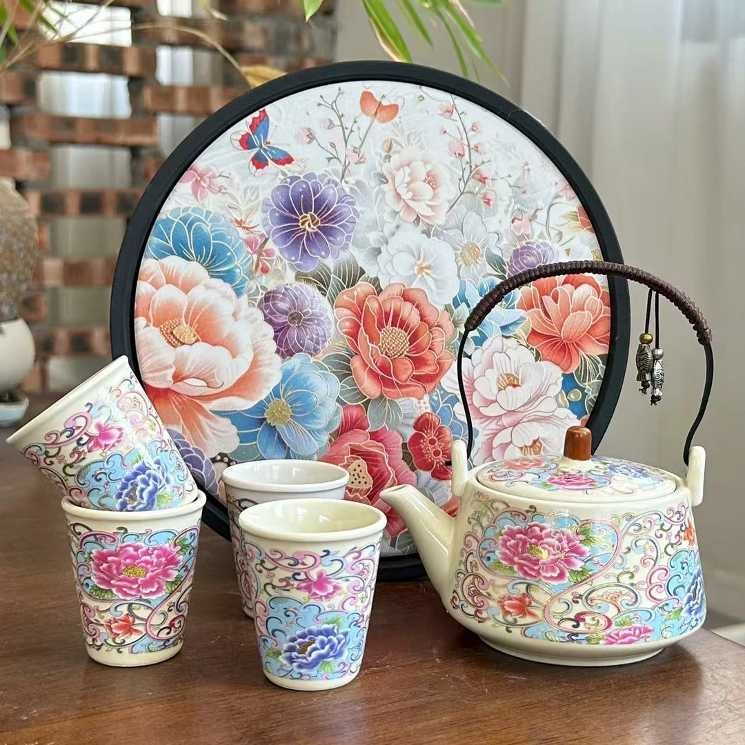 秋香茶具 繁花似锦牡丹提梁壶一壶四杯+盘（无礼盒）小套装-3138