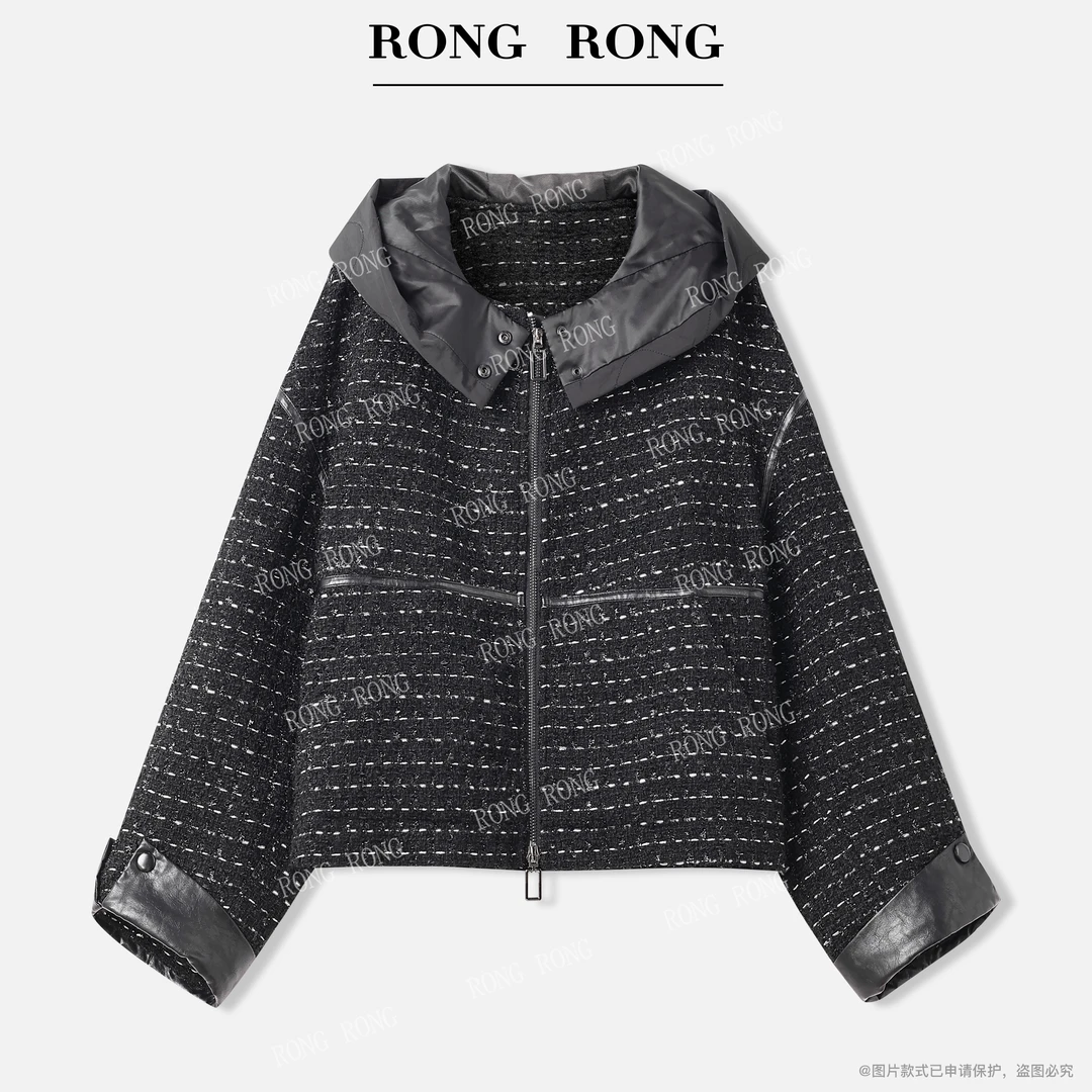 溶溶【夜墨星语】RONGRONG 绵羊毛粗花呢拼皮革小香风外套F25QW7108