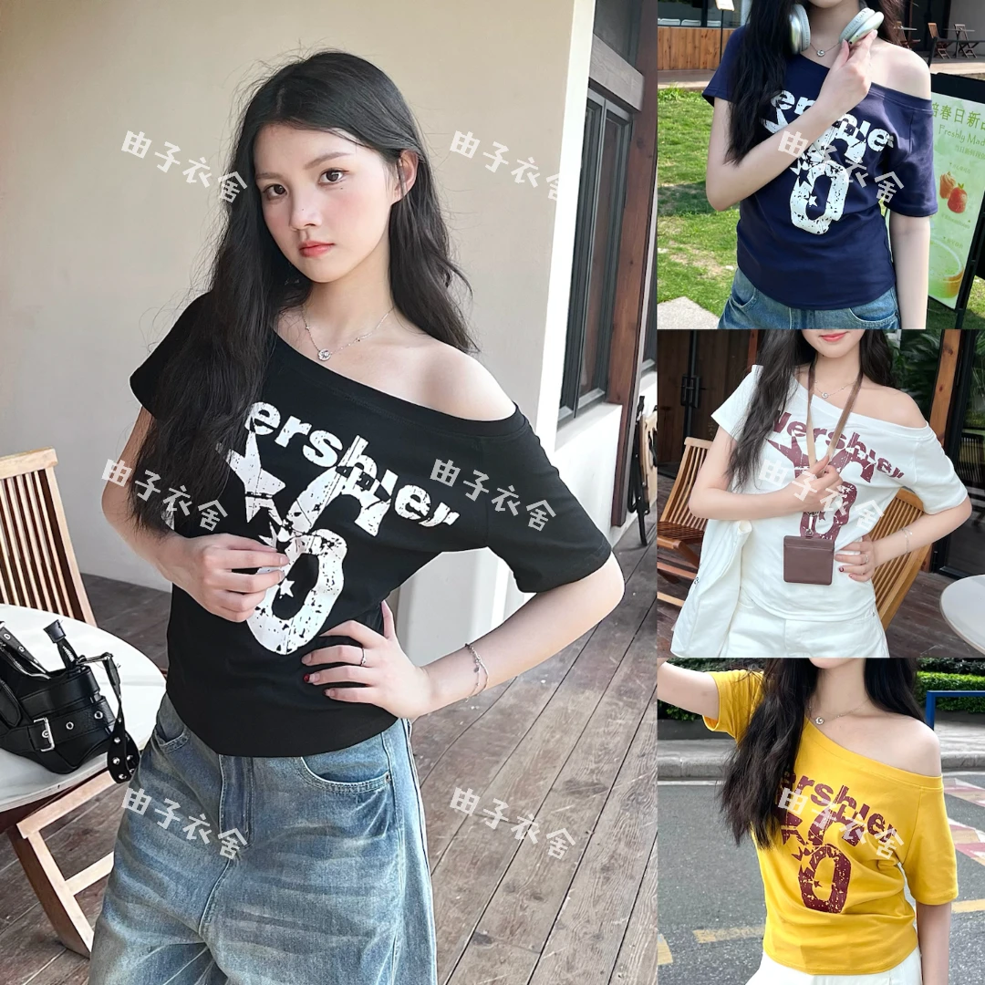 运补6-8¥杂志风夏季新款美式印花辣妹斜肩短袖T恤