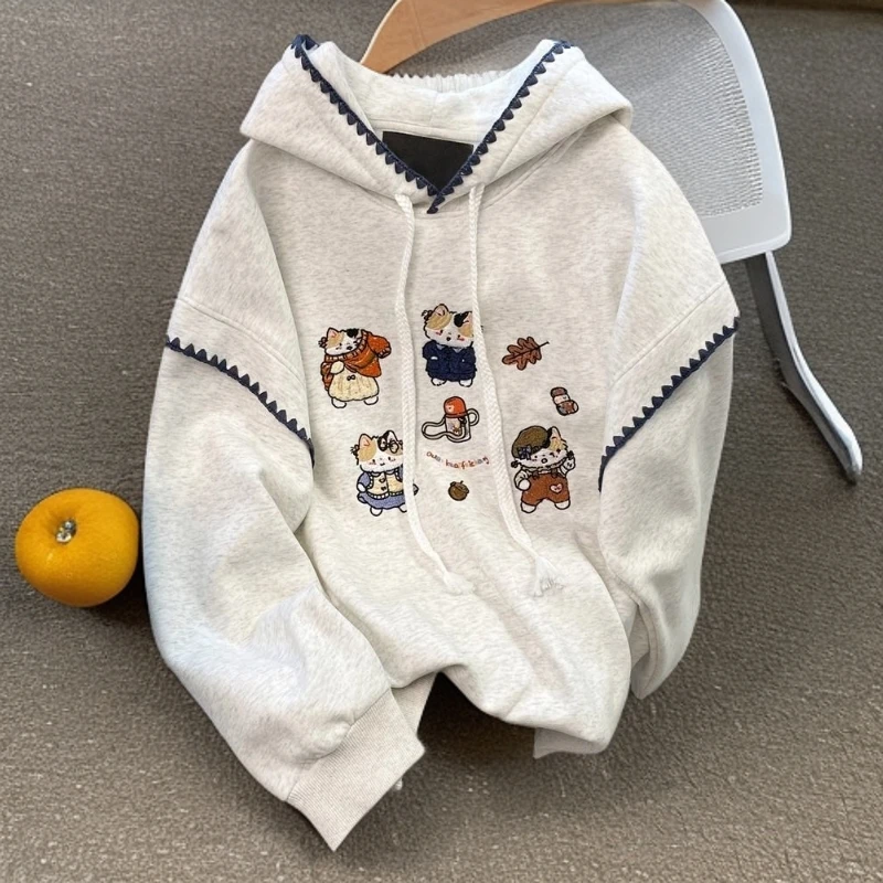 特大码300斤时尚刺绣百搭卡通猫咪潮流卫衣秋季休闲韩版加绒外套