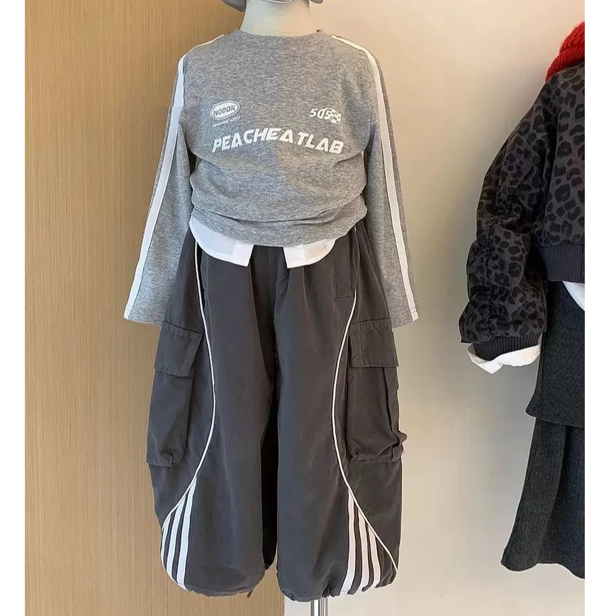 女童秋季新款套装洋气长袖字母上衣宽松阔腿裤工装裤两件套