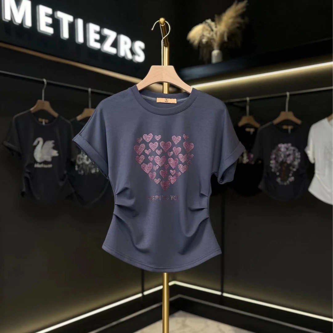 夏季新款浪漫桃心烫钻T恤Q24BT1731夏季春夏时尚休闲