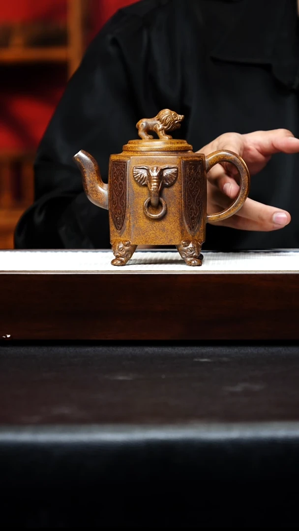 茶杯紫砂宜兴紫砂 太平有象 柴烧四足方壶