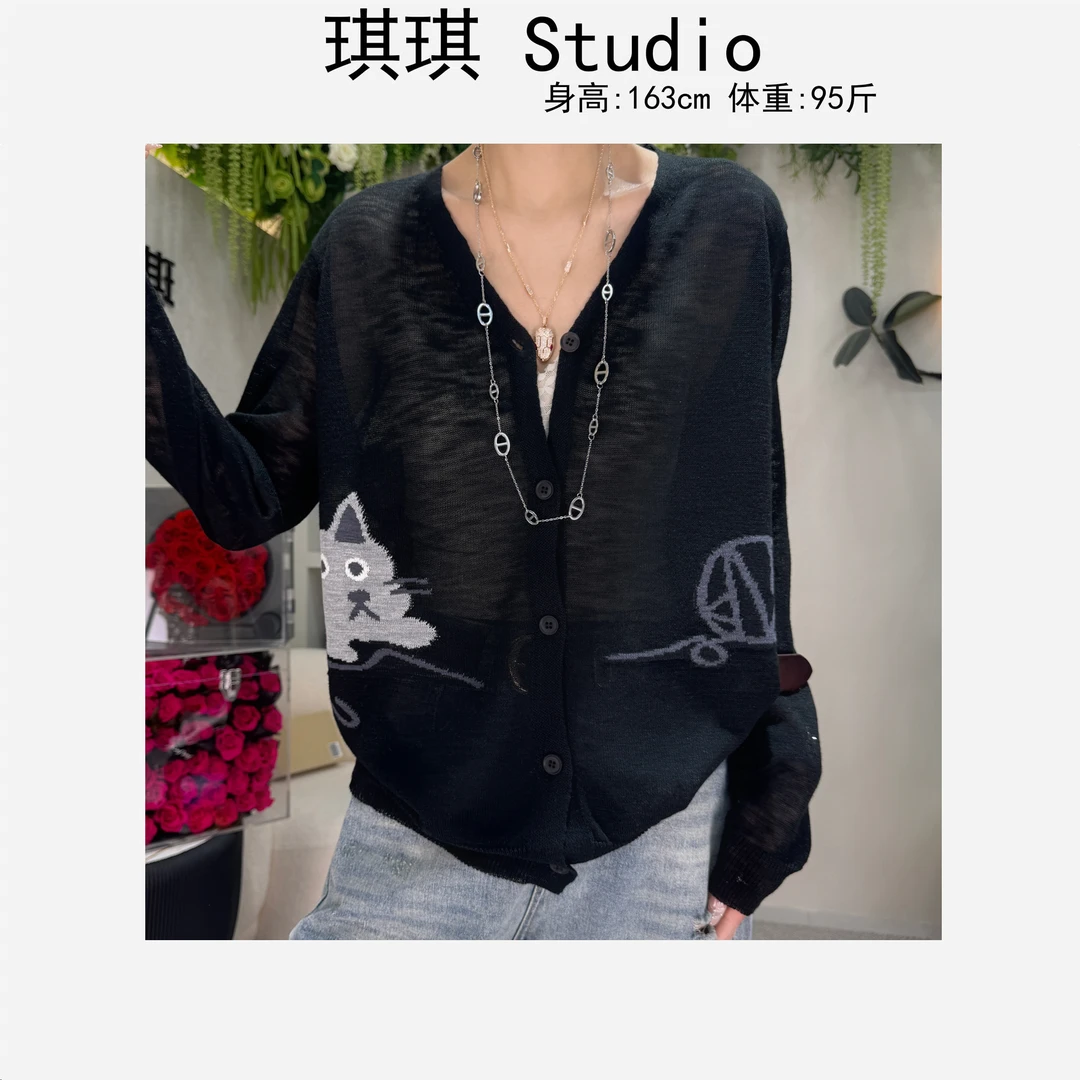 《琪琪家》春夏季新款潮流气质时尚拼色猫咪显瘦减龄针织开衫3597-G