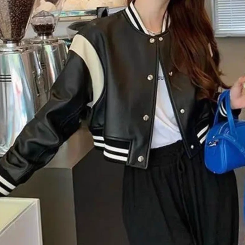 衣源3366#美式棒球领黑白撞色外套2025秋款修身显瘦上衣(长约52）