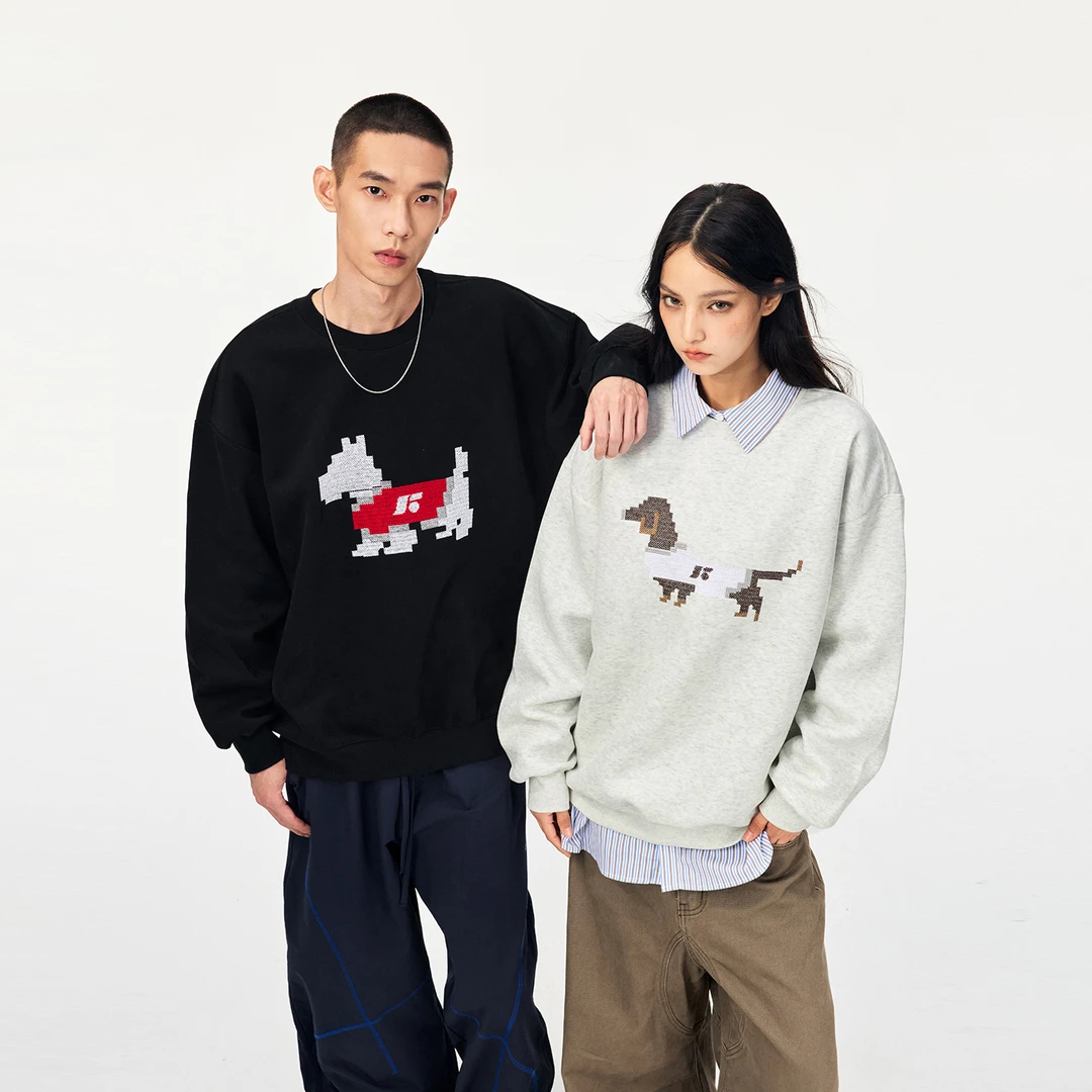 丛林老虎秋冬潮牌趣味十字绣小狗圆领卫衣男