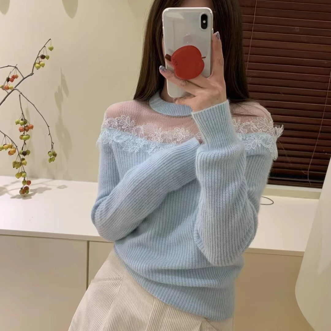 韩东大门档口圆领套头镂空蕾丝网纱针织衫毛衣