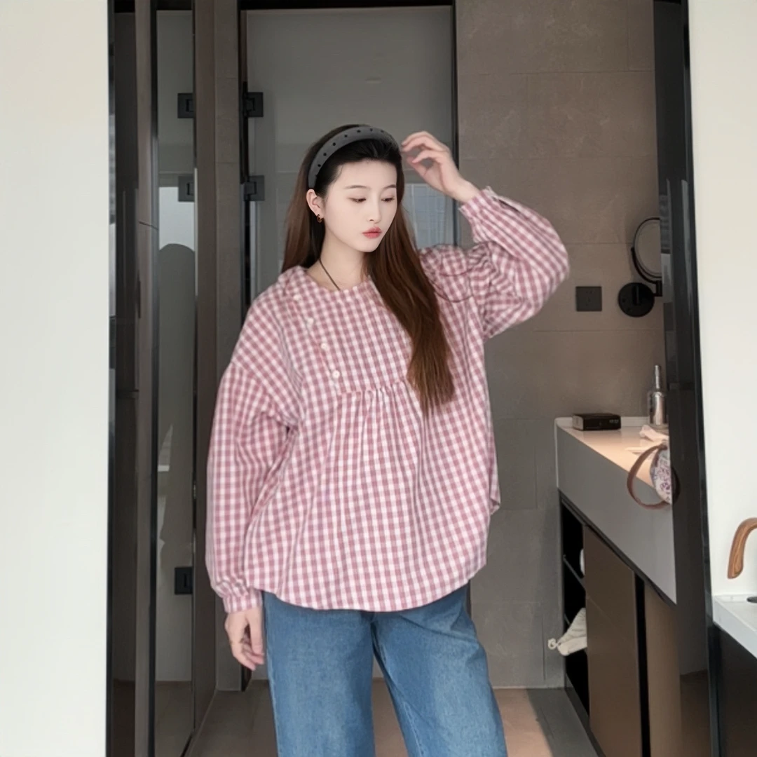 韩系格子小衫~孕妇2025春季新款娃娃衬衫宽松显瘦外穿小个子上衣