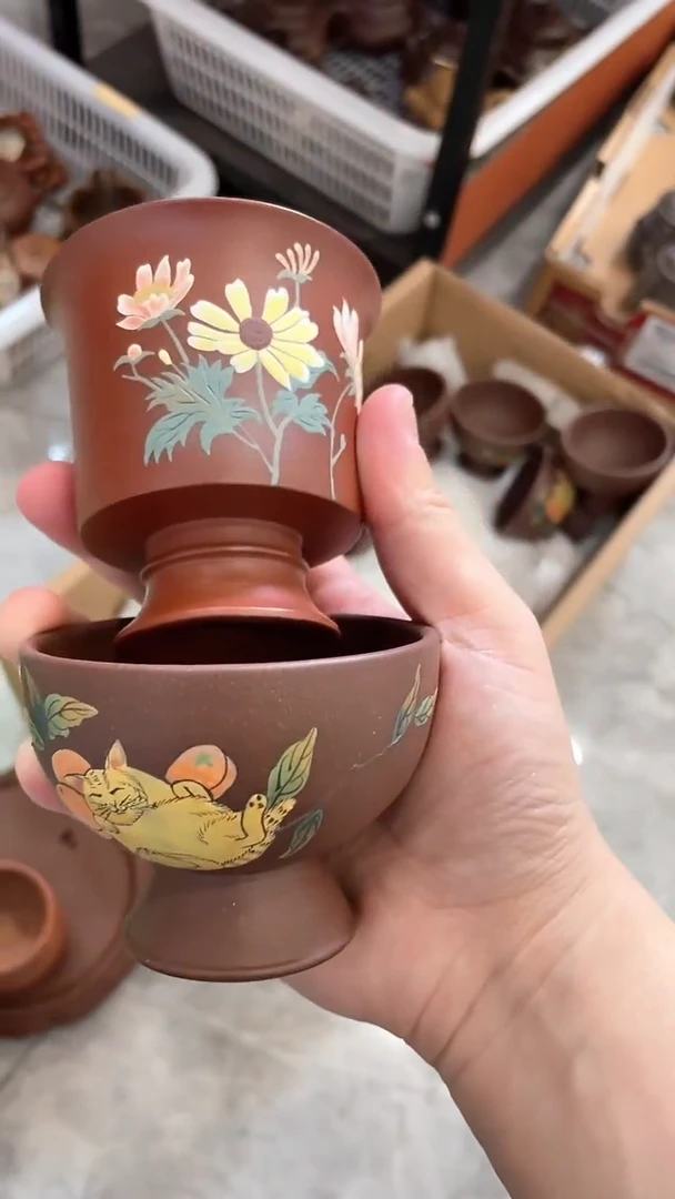 茶壶紫砂橘猫+太阳花高足杯