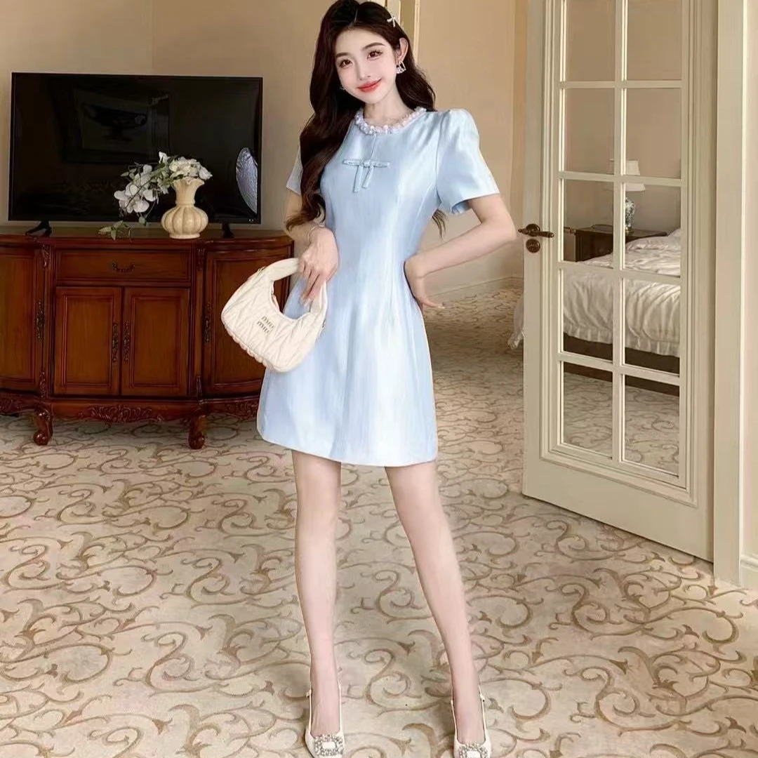深圳南油2025夏款法式高级感富家千金风钉珠短袖修身收腰连衣裙